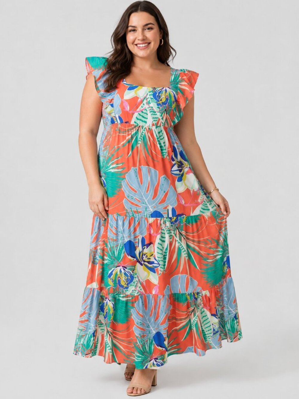 Rebecca's Of Clinton Tropical Smocked Maxi Dress Square Neck Flutter Sleeve M/L